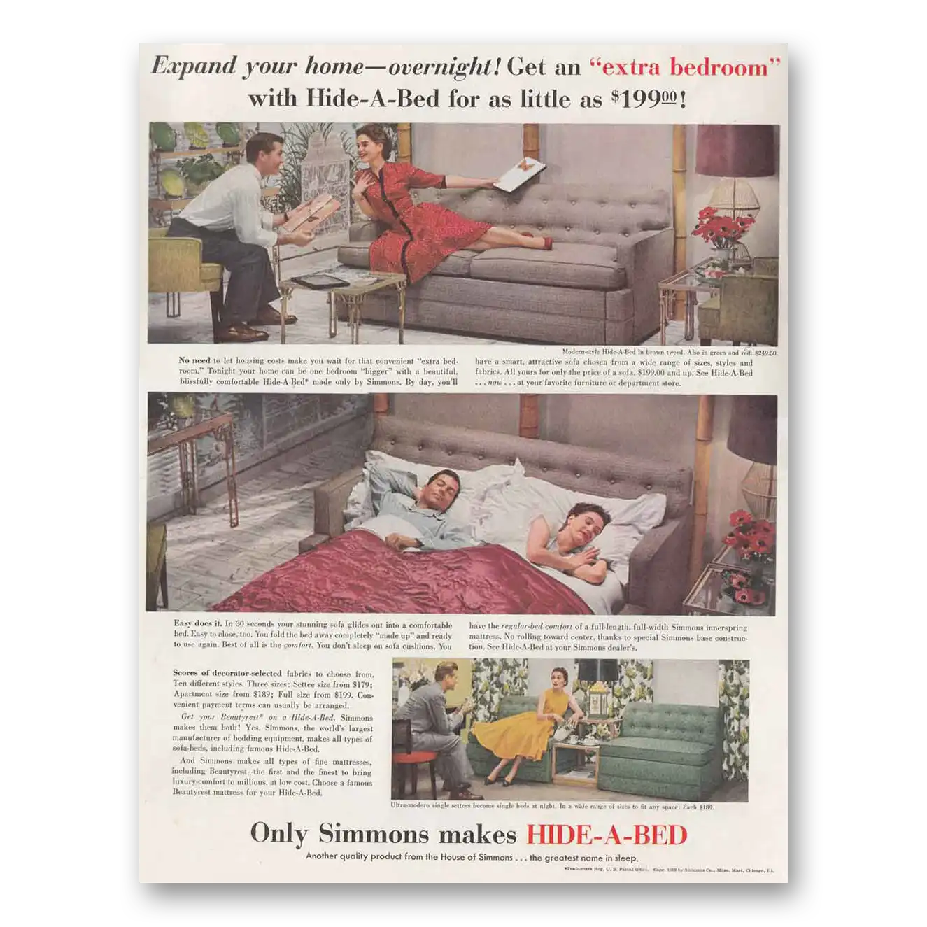 1952 Simmons Hide A Bed Expand Your Home Overnight Vintage Magazine Print Ad