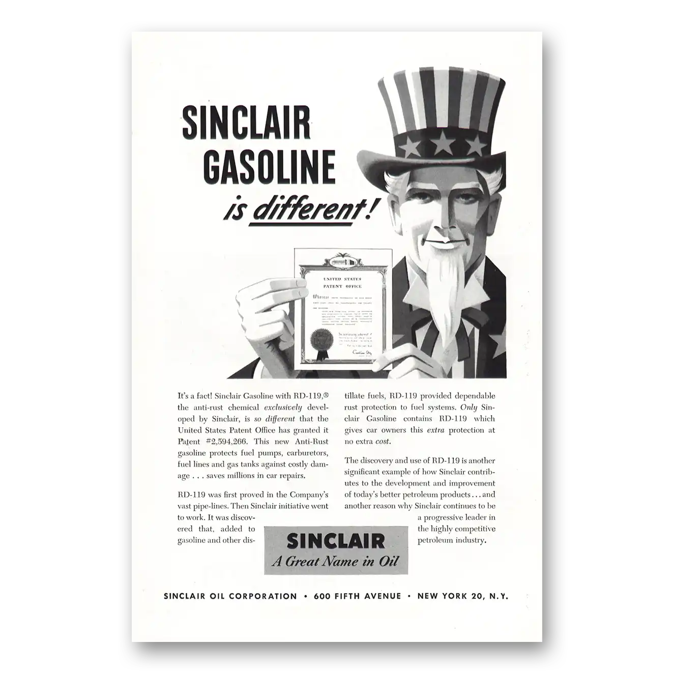 1952 Sinclair Sinclair Gasoline is Different Uncle Sam Vintage Magazine Print Ad