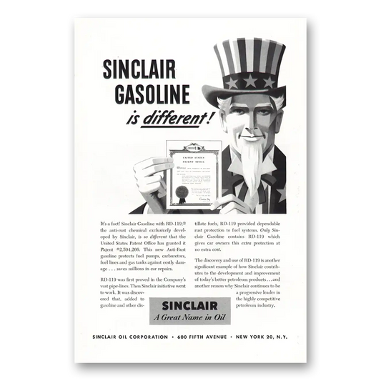 1952 Sinclair Sinclair Gasoline is Different Uncle Sam Vintage Magazine Print Ad