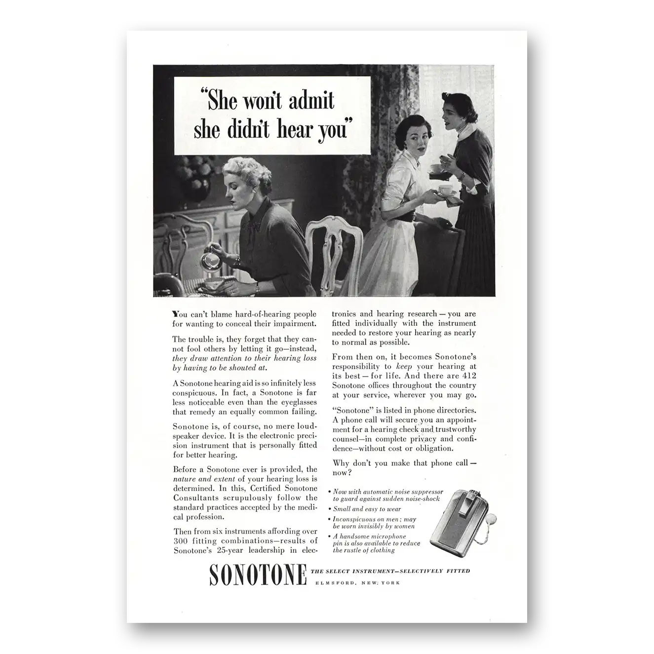 1952 Sonotone Hearing Aid She Won't Admit She Didn't Hear You Vintage Magazine Print Ad