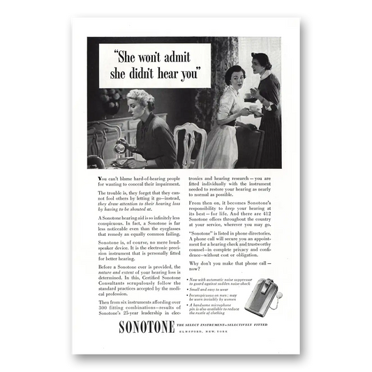 1952 Sonotone Hearing Aid She Won't Admit She Didn't Hear You Vintage Magazine Print Ad