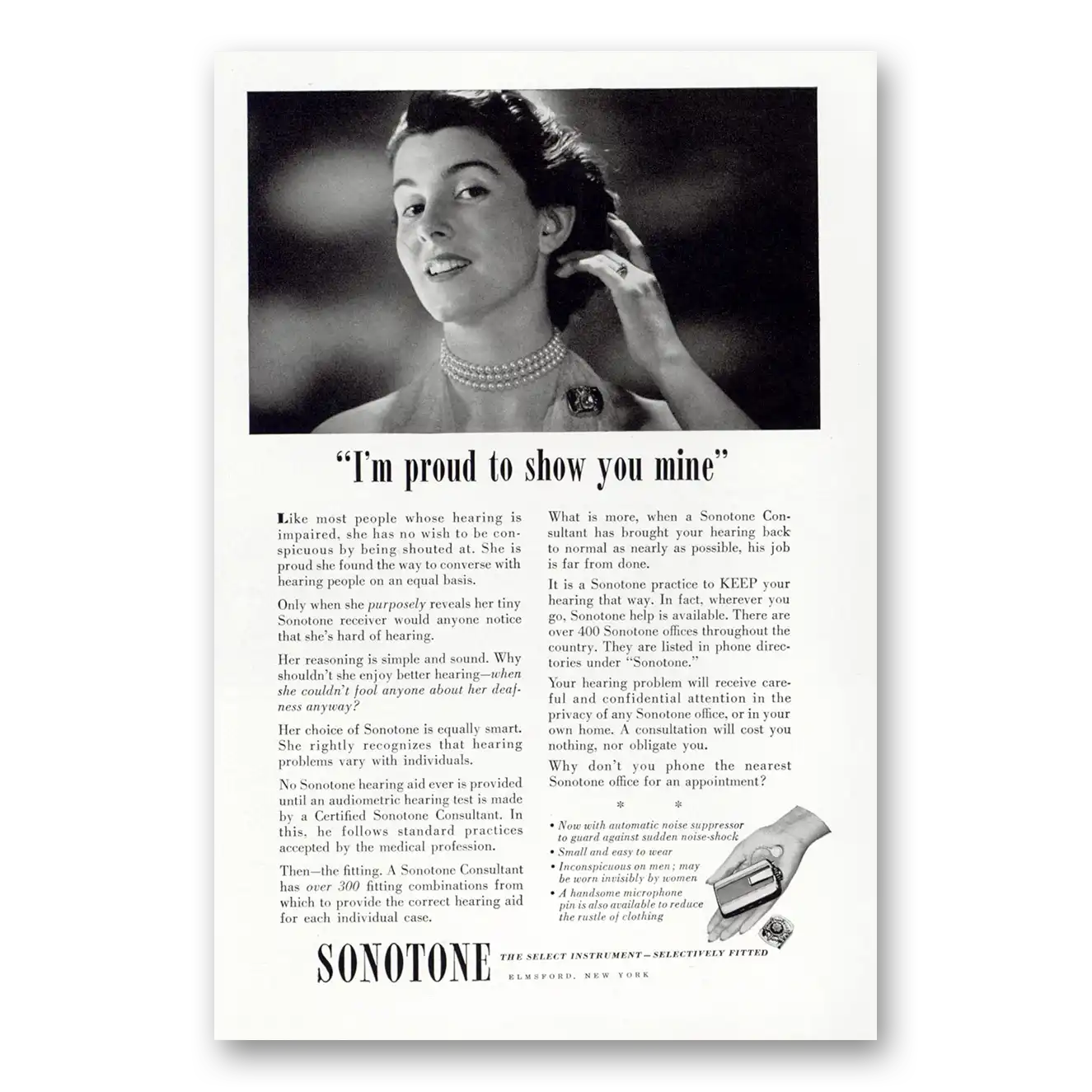 1952 Sonotone Hearing Aid Proud To Show You Mine Vintage Magazine Print Ad