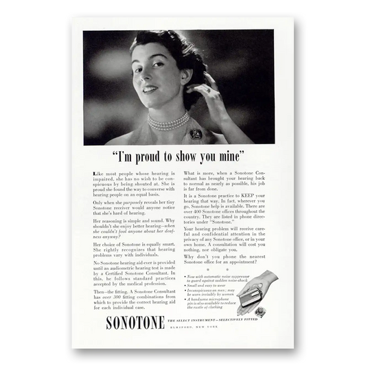 1952 Sonotone Hearing Aid Proud To Show You Mine Vintage Magazine Print Ad