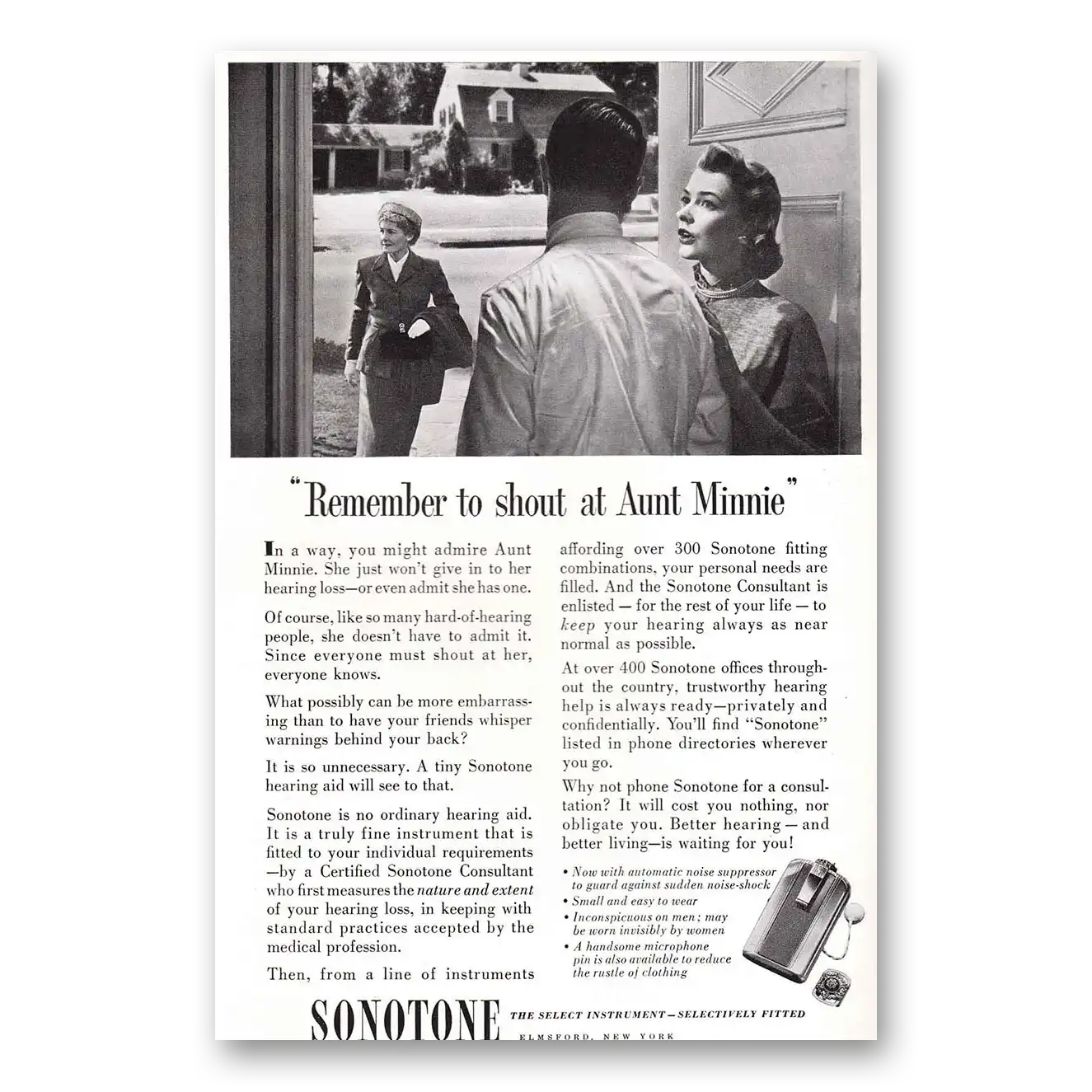 1952 Sonotone Hearing Aid Remember to Shout at Aunt Minnie Vintage Magazine Print Ad