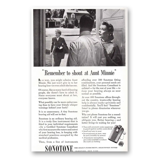 1952 Sonotone Hearing Aid Remember to Shout at Aunt Minnie Vintage Magazine Print Ad