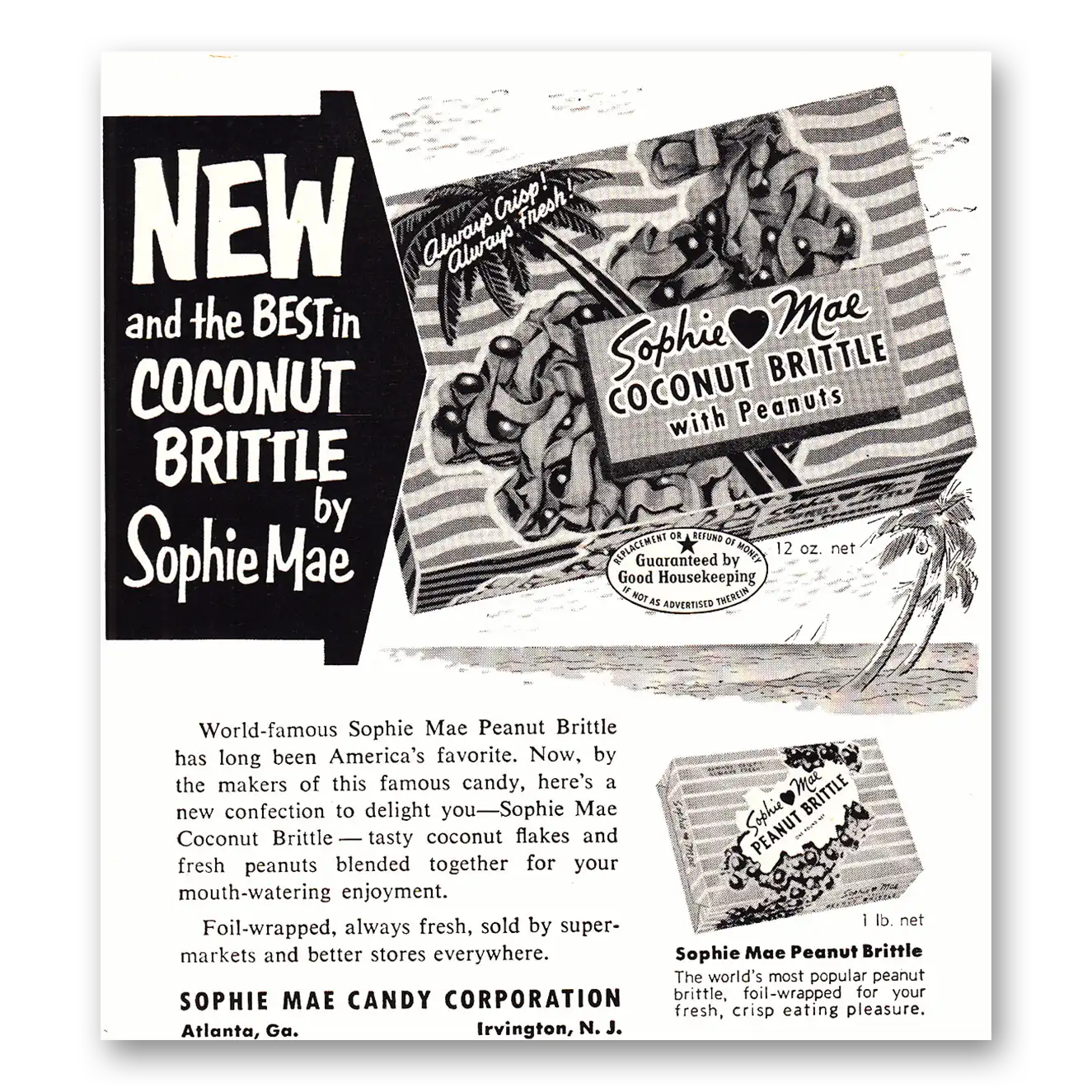 1952 Sophie Mae Coconut Brittle World Famous Sophie Mae Vintage Magazine Print Ad