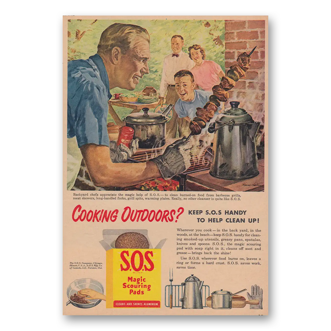 1952 SOS Scouring Pads Cooking Outdoors Vintage Magazine Print Ad