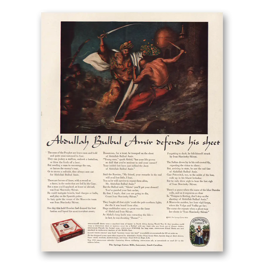 1952 Springmaid Fabrics Abdullah Bulbul Amir Vintage Magazine Print Ad