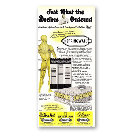 1952 Springwall Mattress Just What the Doctors Ordered Vintage Magazine Print Ad