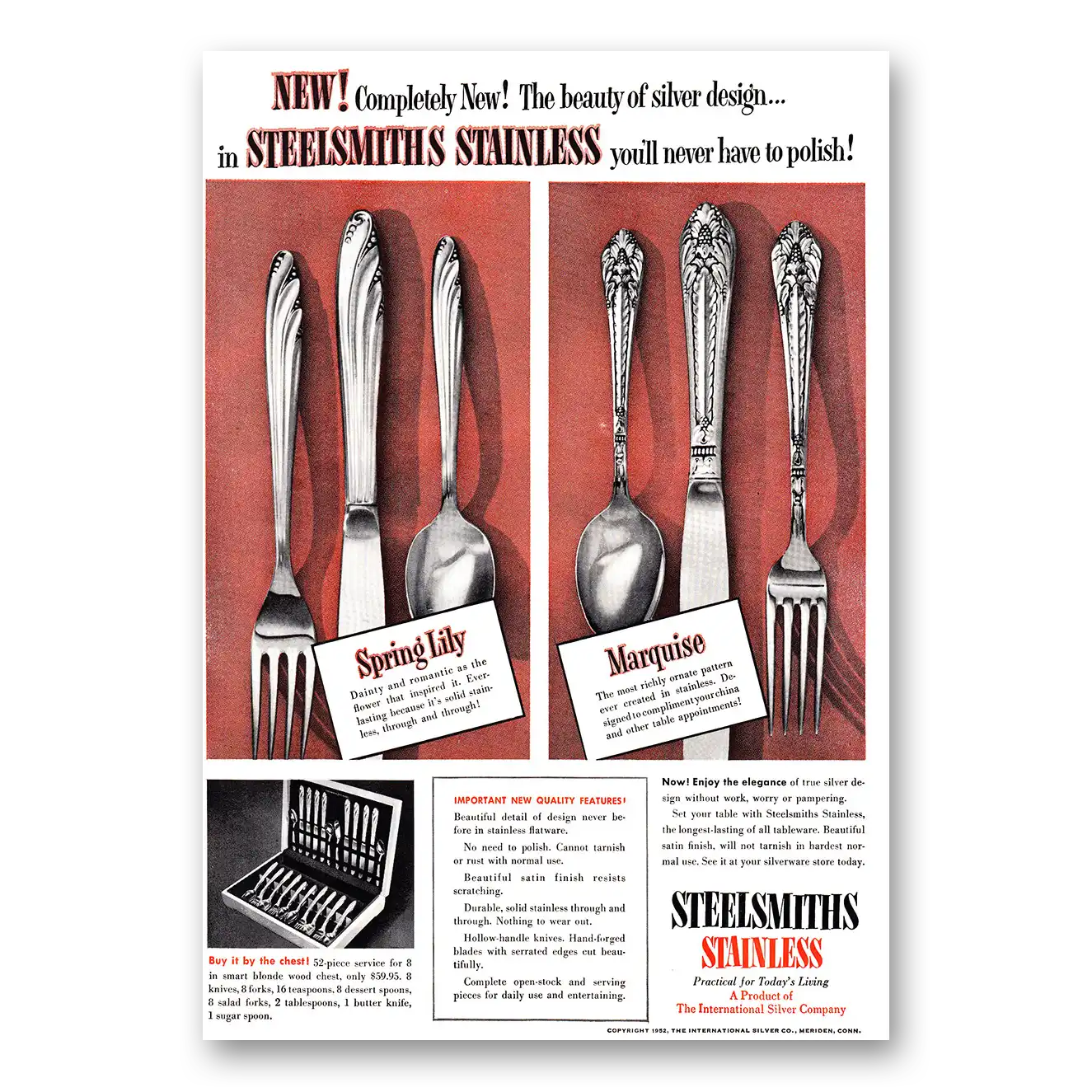 1952 International Silver Steelsmiths Stainless Never Have to Polish Vintage Magazine Print Ad