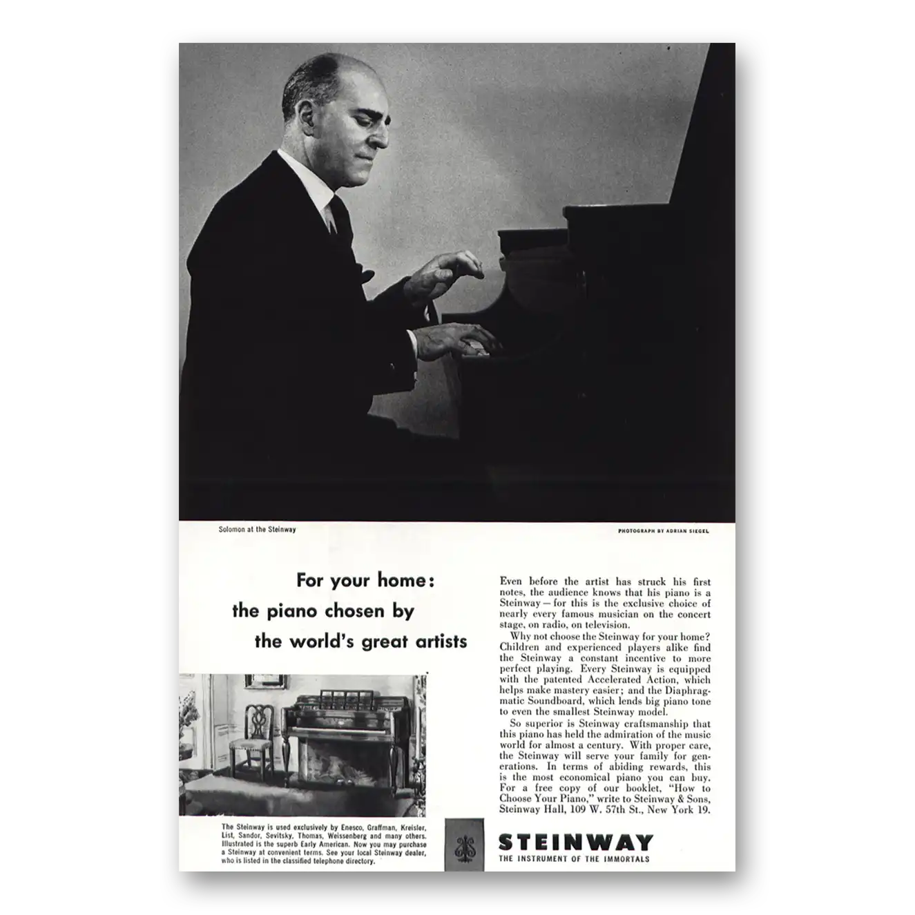 1952 Steinway Piano Solomon Vintage Magazine Print Ad