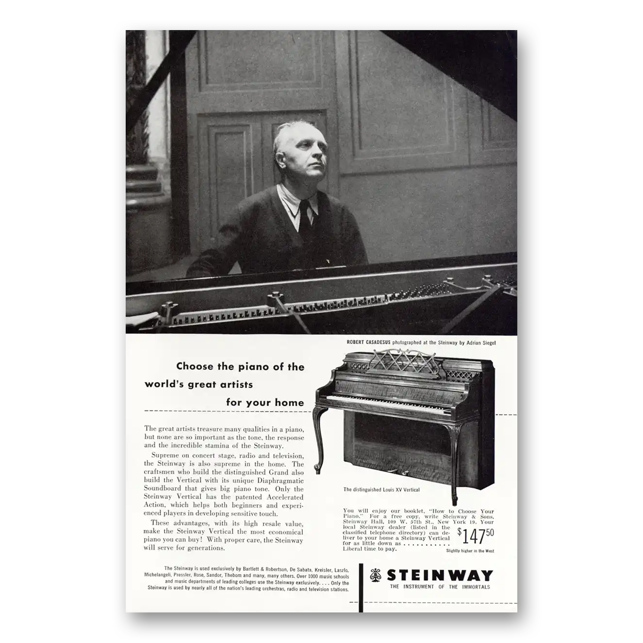 1952 Steinway Piano Adrian Siegel Choose the Piano Vintage Magazine Print Ad