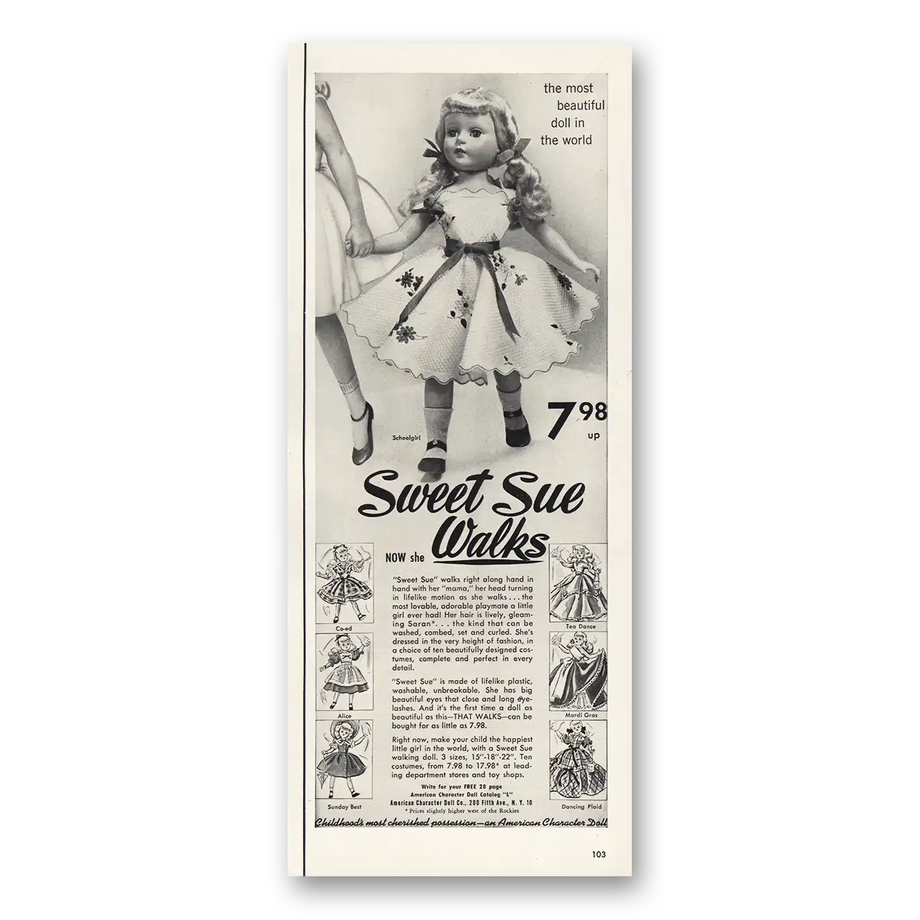 1952 American Character Doll Sweet Sue Walks Vintage Magazine Print Ad