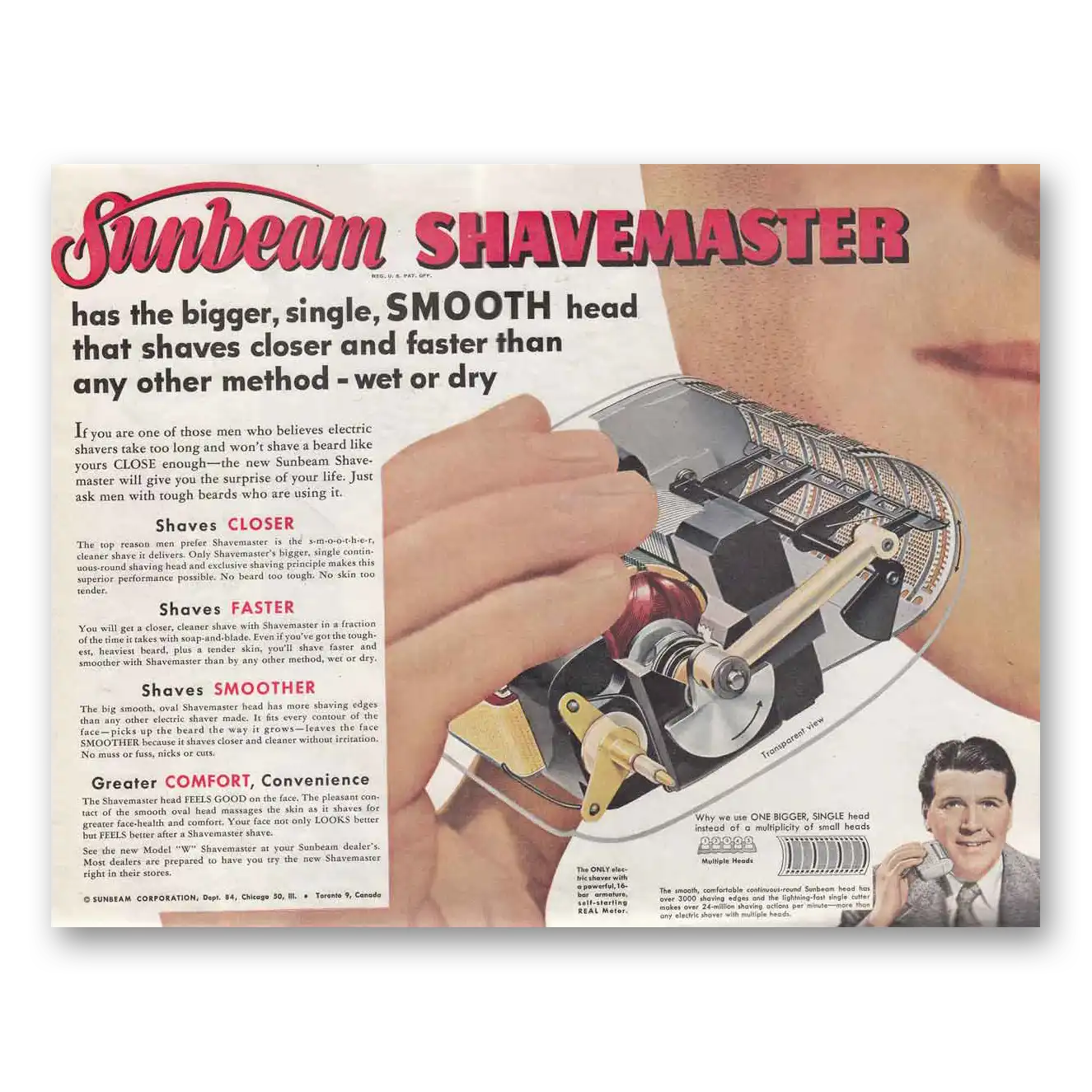 1952 Sunbeam Shavemaster Single Smooth Head Vintage Magazine Print Ad