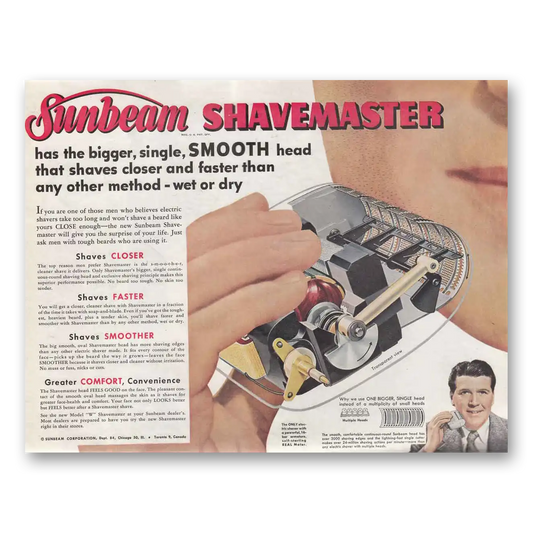 1952 Sunbeam Shavemaster Single Smooth Head Vintage Magazine Print Ad