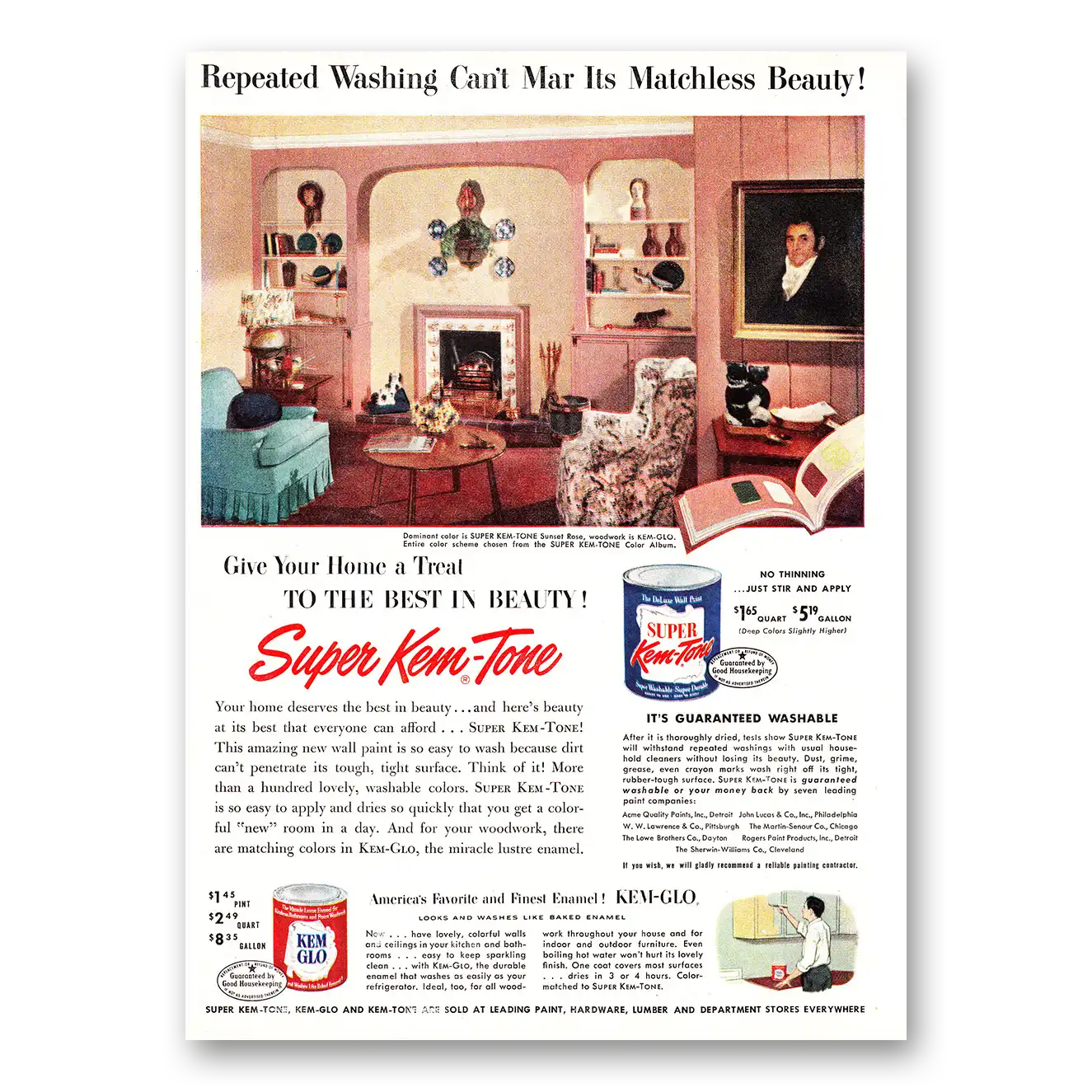 1952 Super Kem Tone Paint Repeated Washing Cant Mar Its Matchless Beauty Vintage Magazine Print Ad