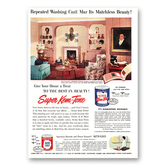 1952 Super Kem Tone Paint Repeated Washing Cant Mar Its Matchless Beauty Vintage Magazine Print Ad