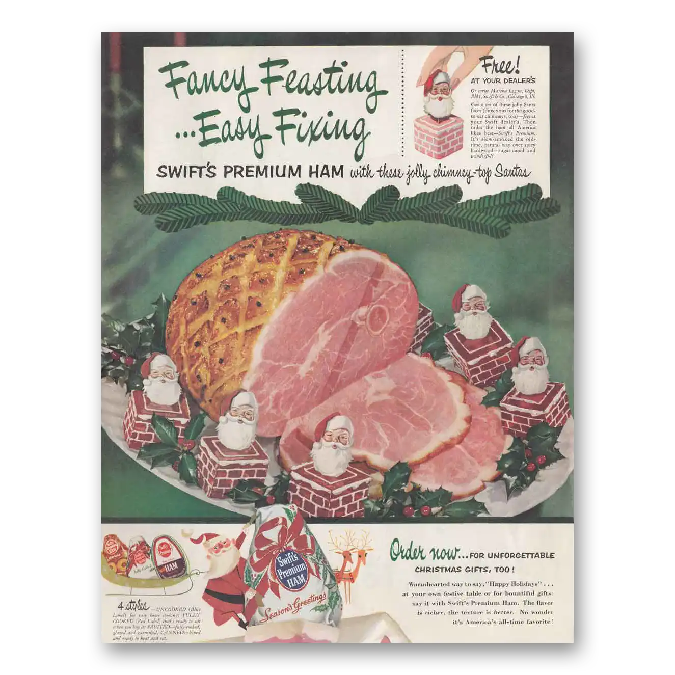 1952 Swift and Company Premium Ham Fancy Feasting Vintage Magazine Print Ad