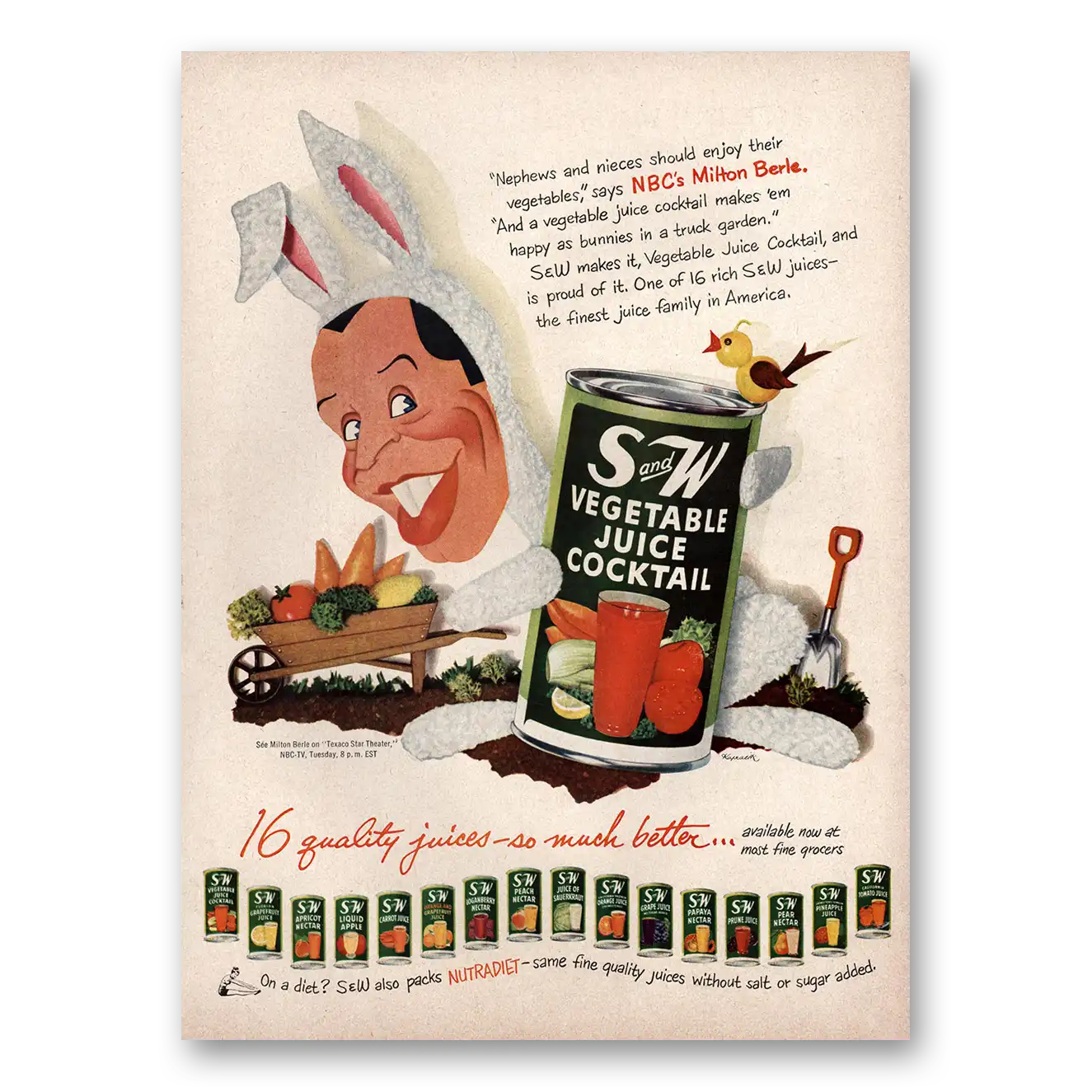 1952 S and W Vegetable Juice Cocktail Milton Berle Vintage Magazine Print Ad