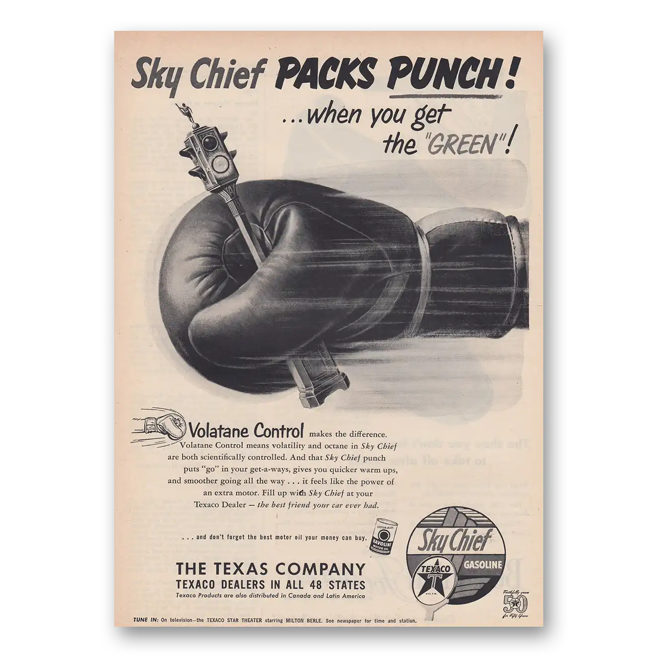 1952 Texaco Sky Chief Gasoline Packs Punch Vintage Magazine Print Ad