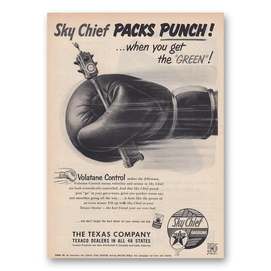 1952 Texaco Sky Chief Gasoline Packs Punch Vintage Magazine Print Ad