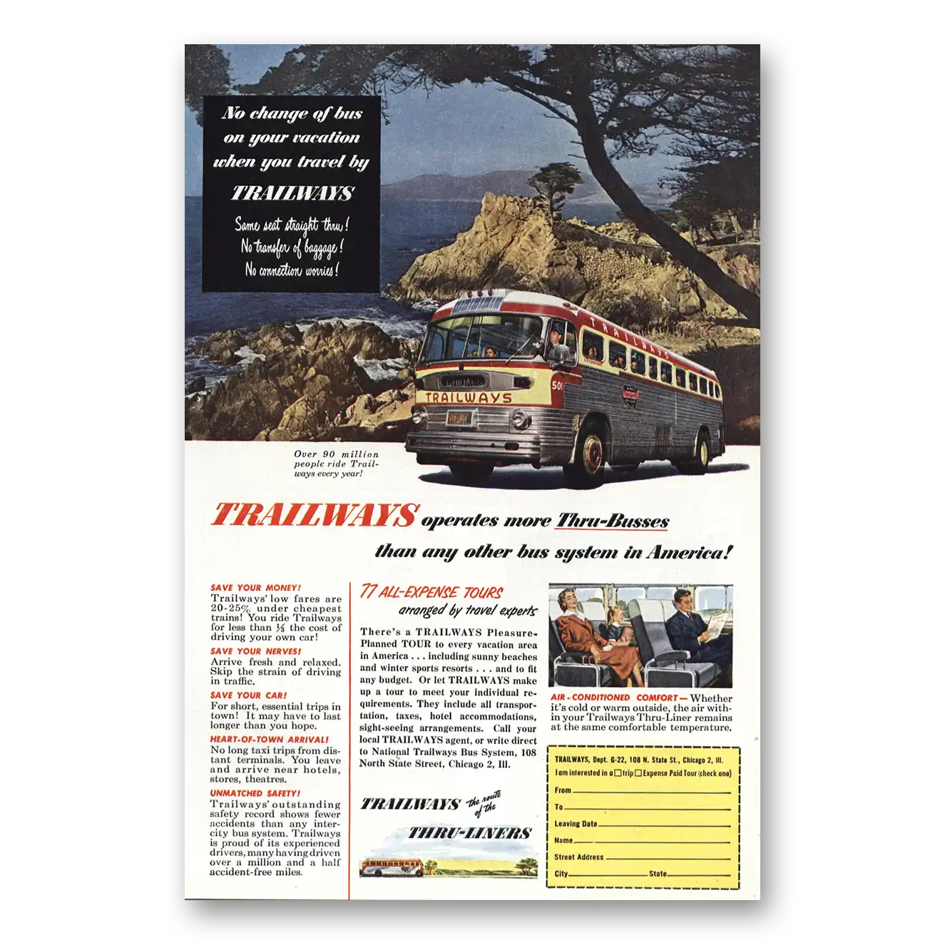 1952 Trailways Coastline No Change of Bus Vintage Magazine Print Ad