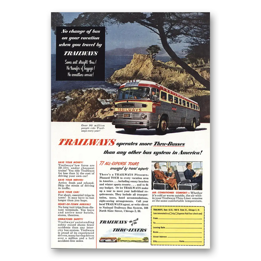 1952 Trailways Coastline No Change of Bus Vintage Magazine Print Ad