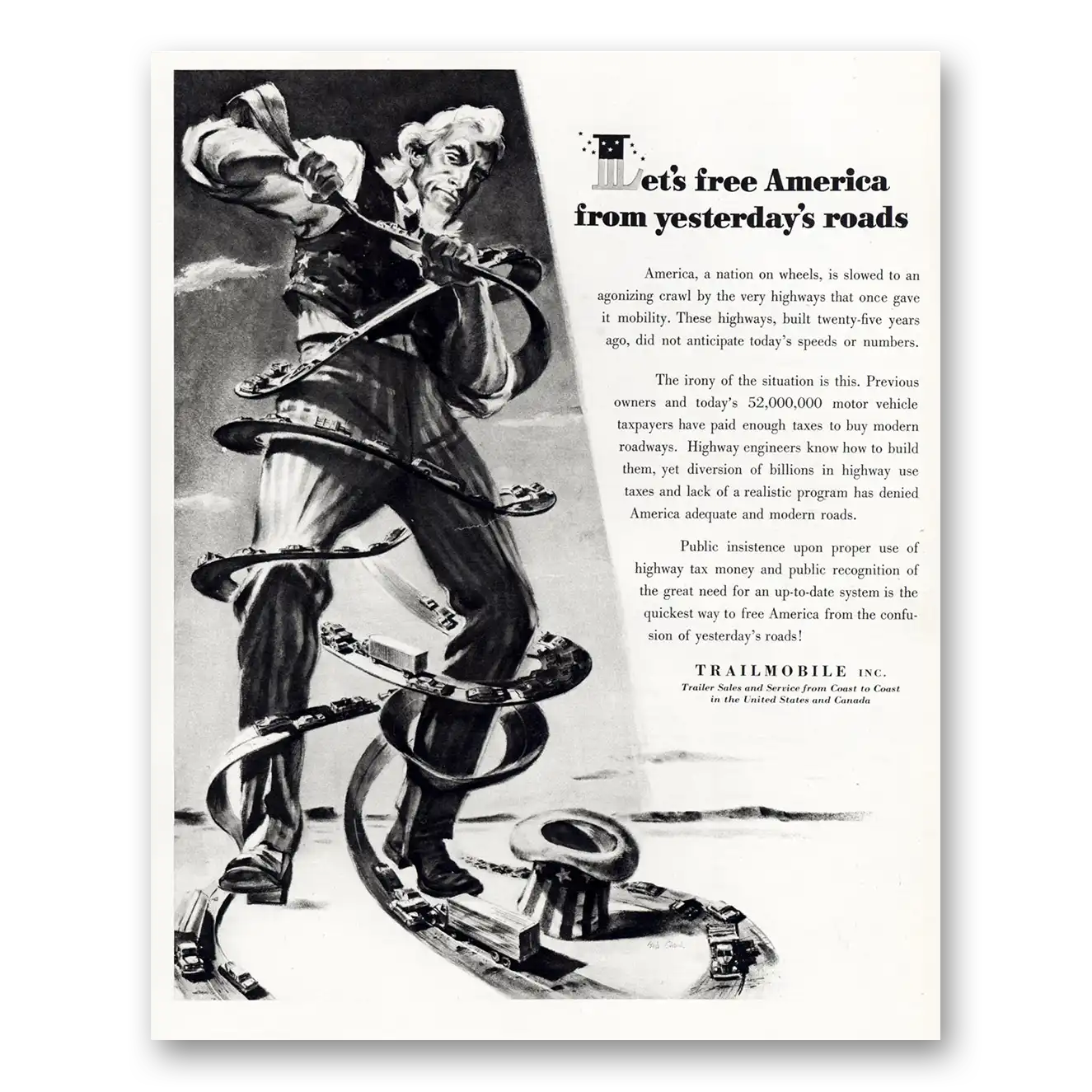 1952 Trailmobile Lets Free America From Yesterdays Roads Vintage Magazine Print Ad