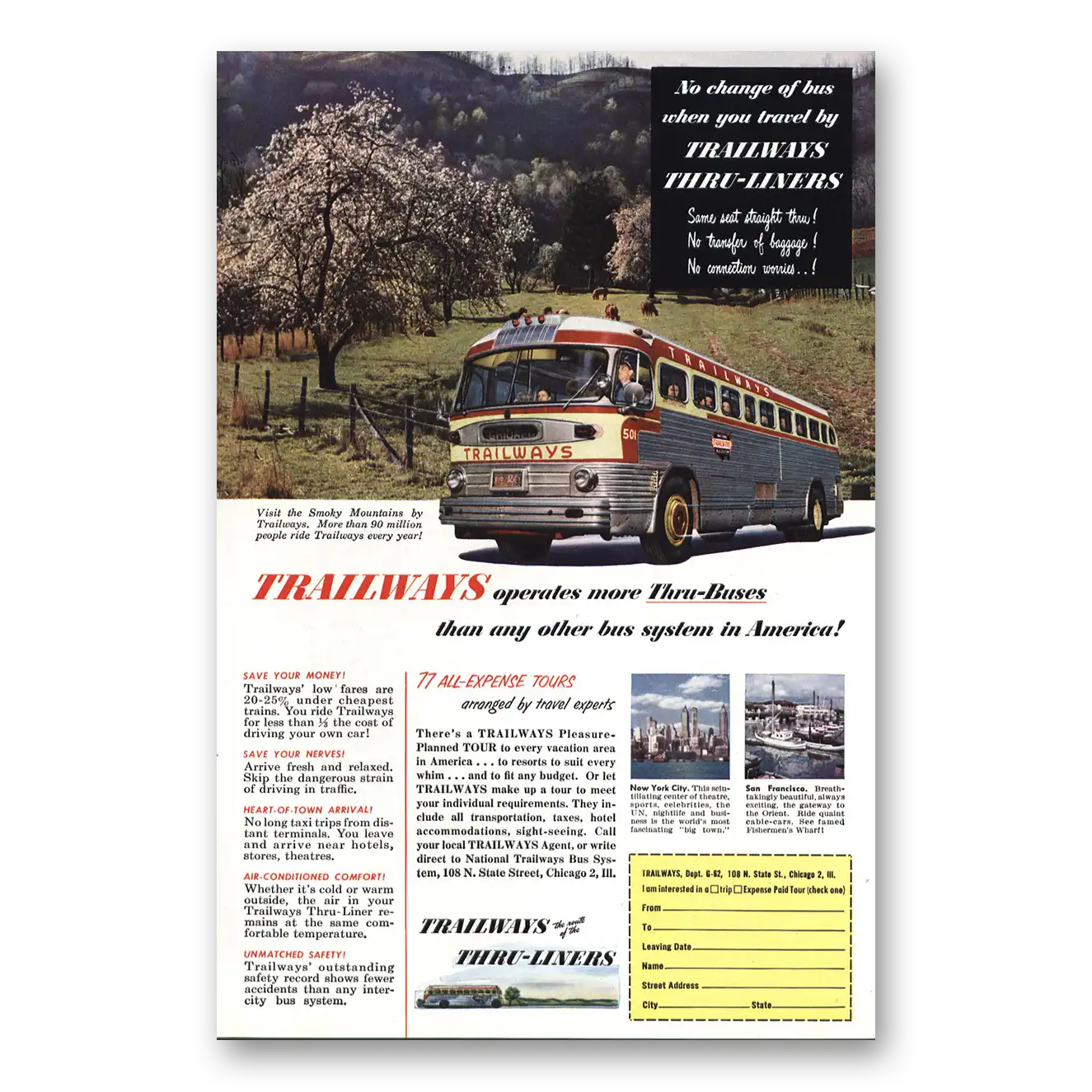 1952 Trailways Thru Buses Smoky Mountains Vintage Magazine Print Ad