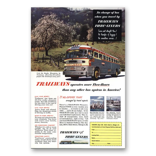 1952 Trailways Thru Buses Smoky Mountains Vintage Magazine Print Ad