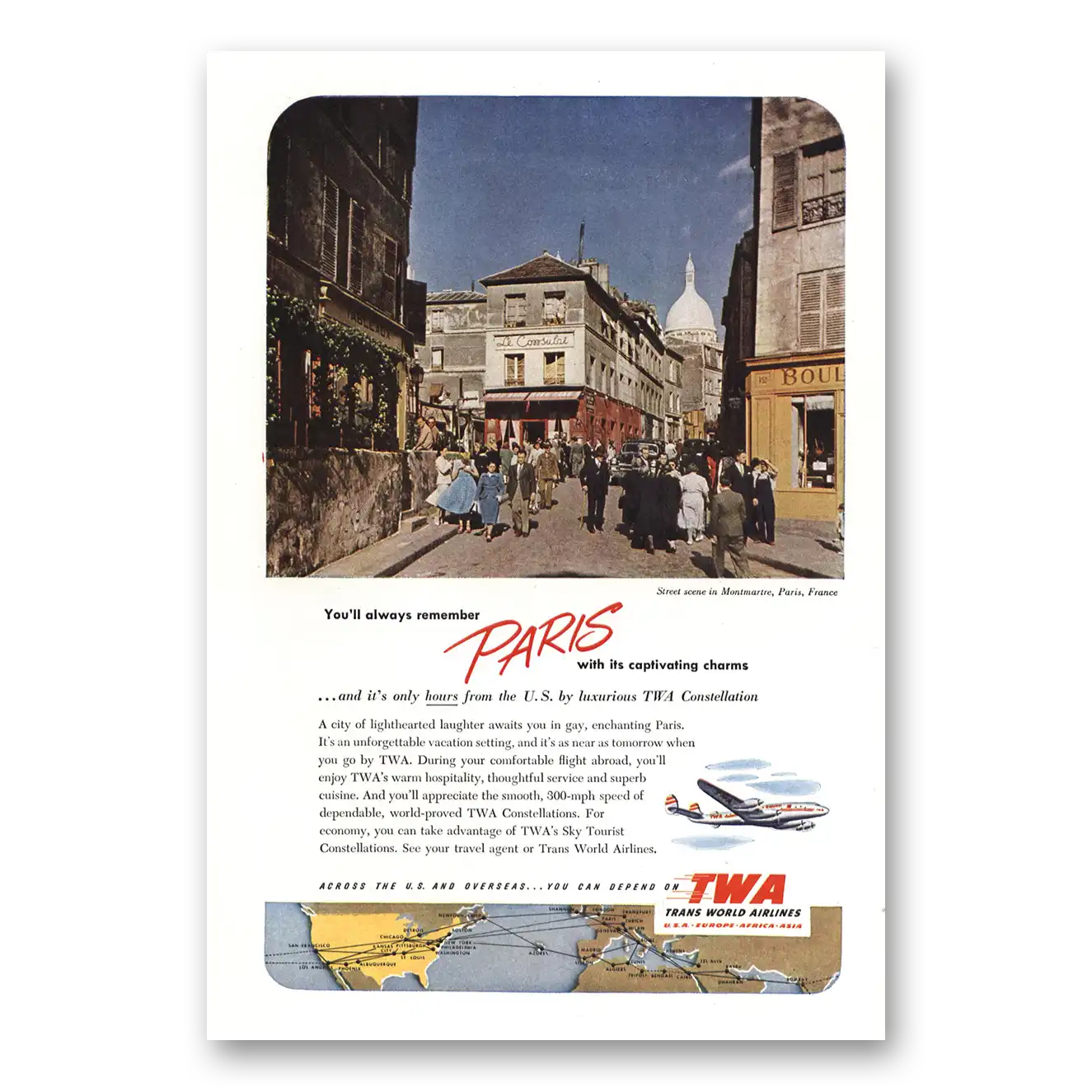 1952 TWA Airlines Montmartre Paris France Vintage Magazine Print Ad