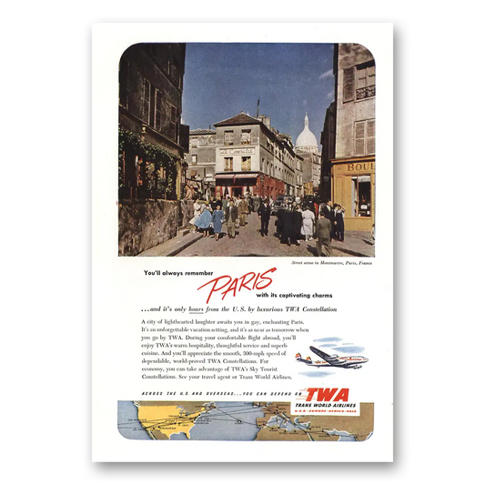 1952 TWA Airlines Montmartre Paris France Vintage Magazine Print Ad