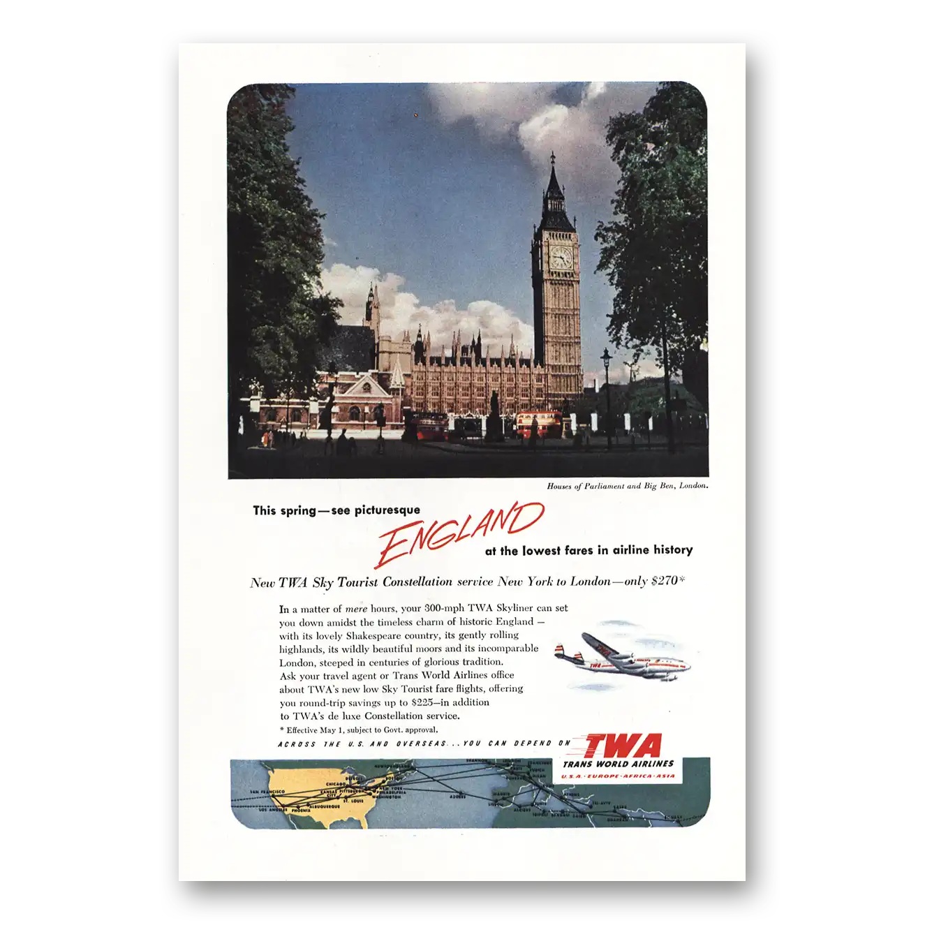 1952 TWA Airlines England House of Parliament Big Ben Vintage Magazine Print Ad