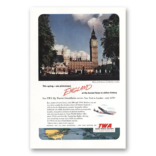 1952 TWA Airlines England House of Parliament Big Ben Vintage Magazine Print Ad