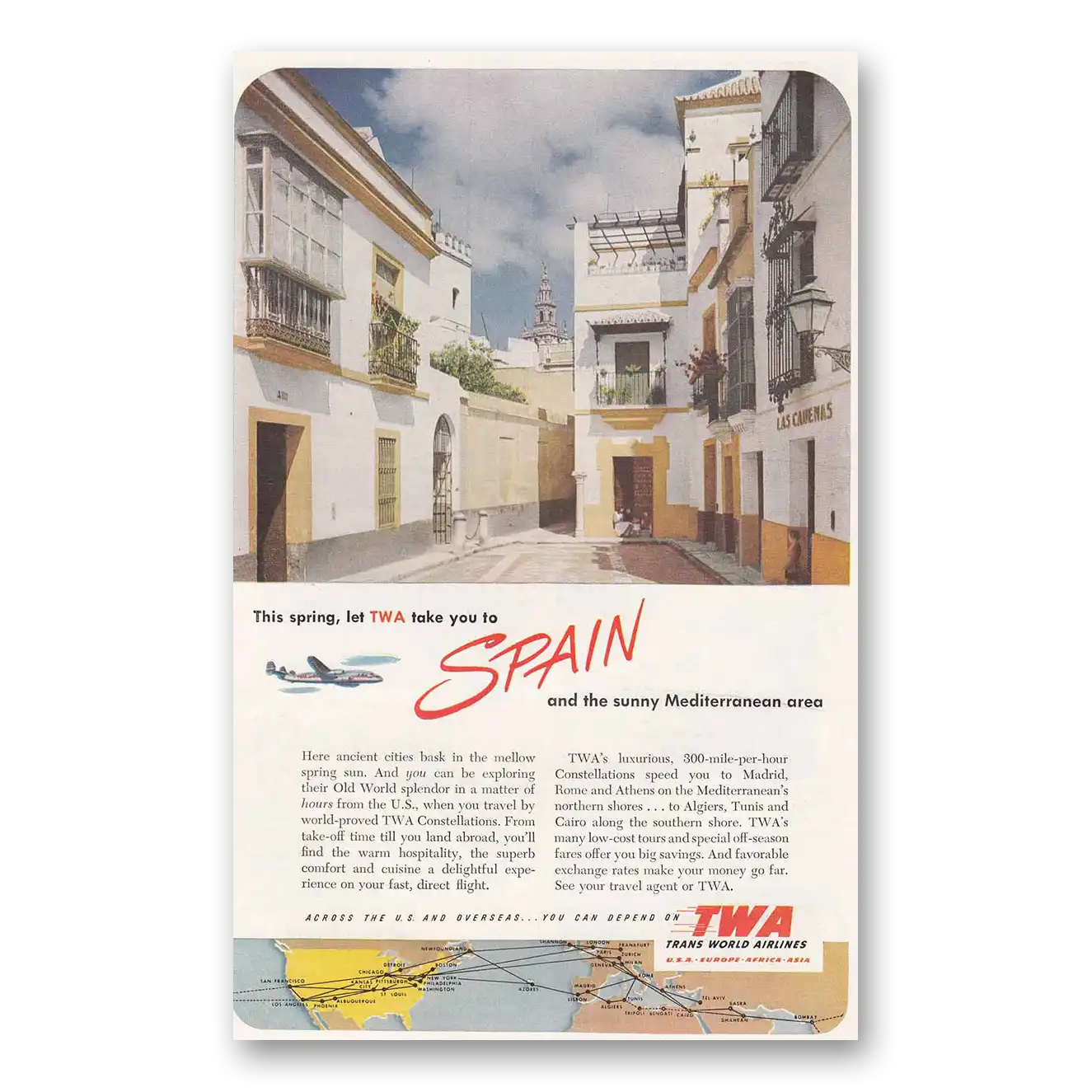 1952 TWA Airlines Spain and Sunny Mediterranean Area Vintage Magazine Print Ad