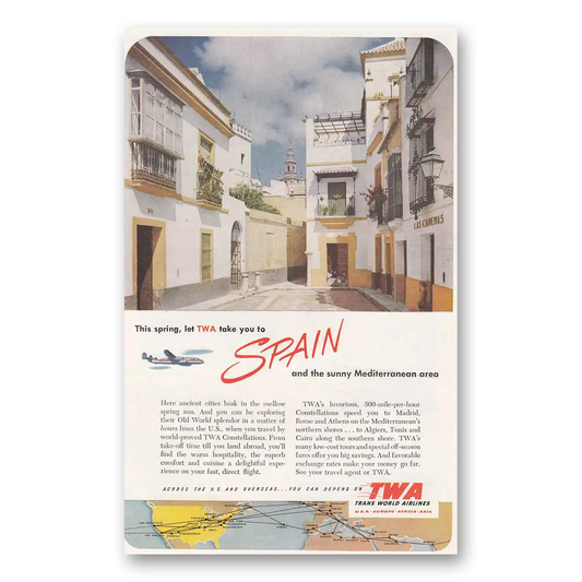 1952 TWA Airlines Spain and Sunny Mediterranean Area Vintage Magazine Print Ad