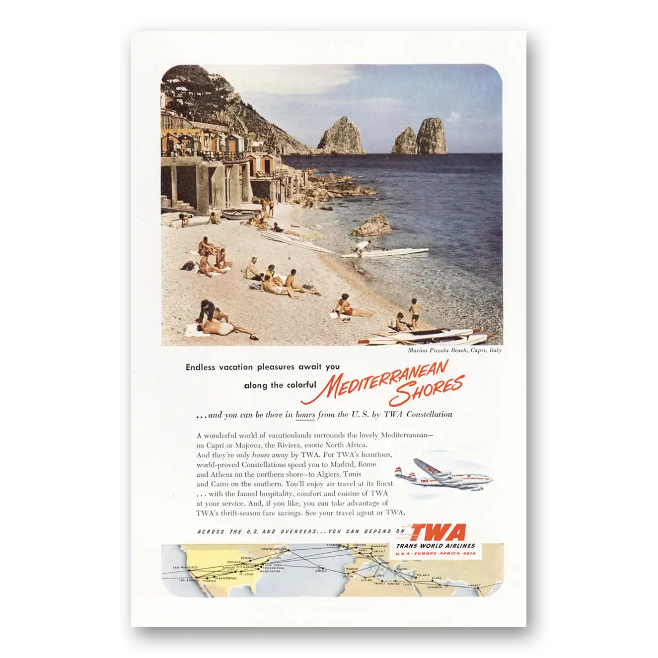 1952 TWA Airlines Marina Piccola Beach Capri Italy Vintage Magazine Print Ad