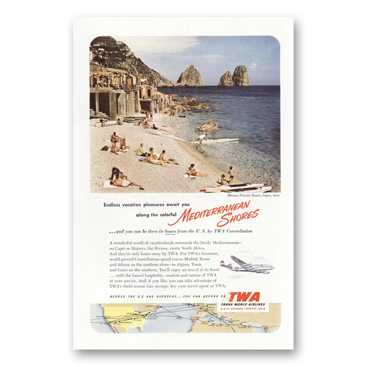 1952 TWA Airlines Marina Piccola Beach Capri Italy Vintage Magazine Print Ad