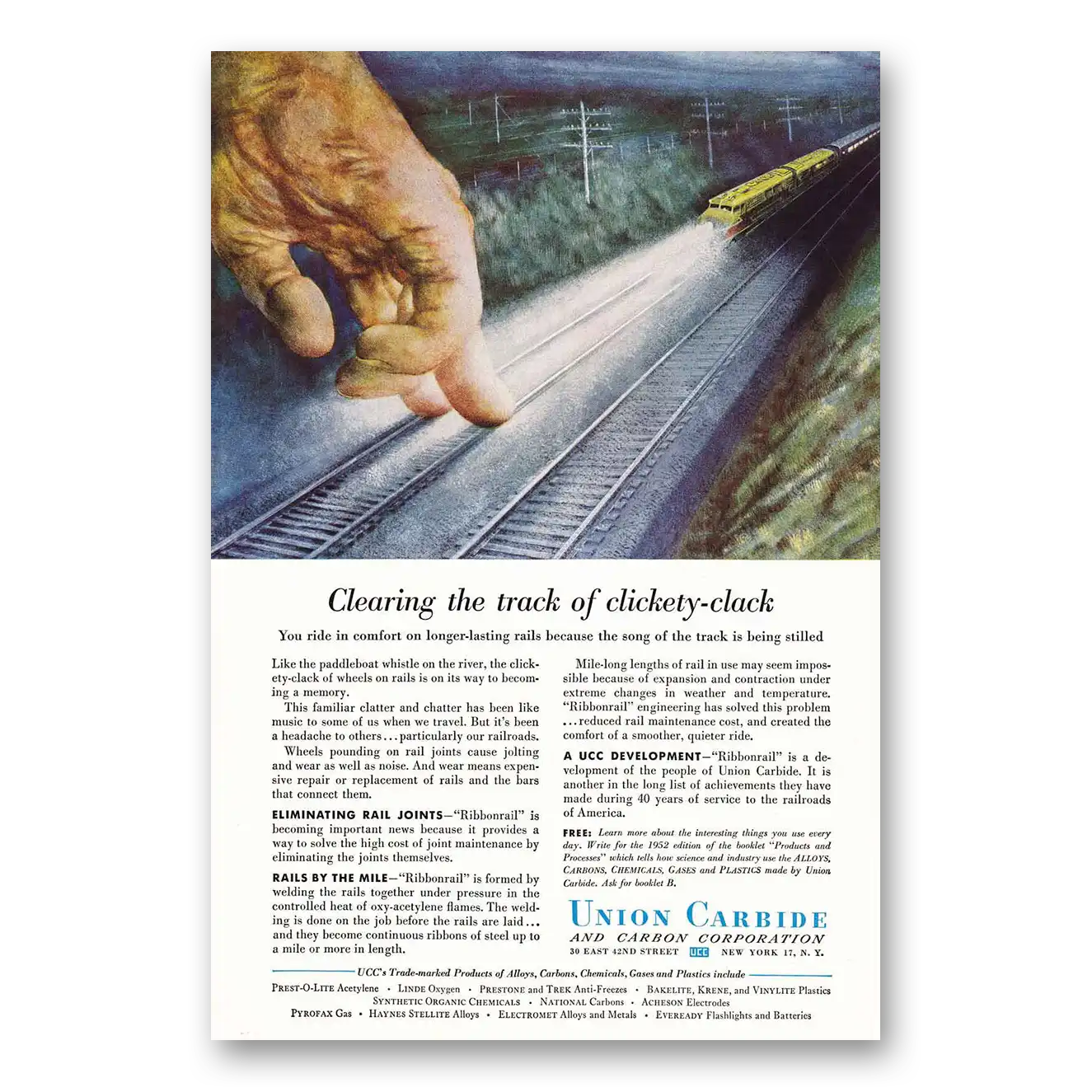 1952 Union Carbide Clearing the Track of Clickety Clack Vintage Magazine Print Ad