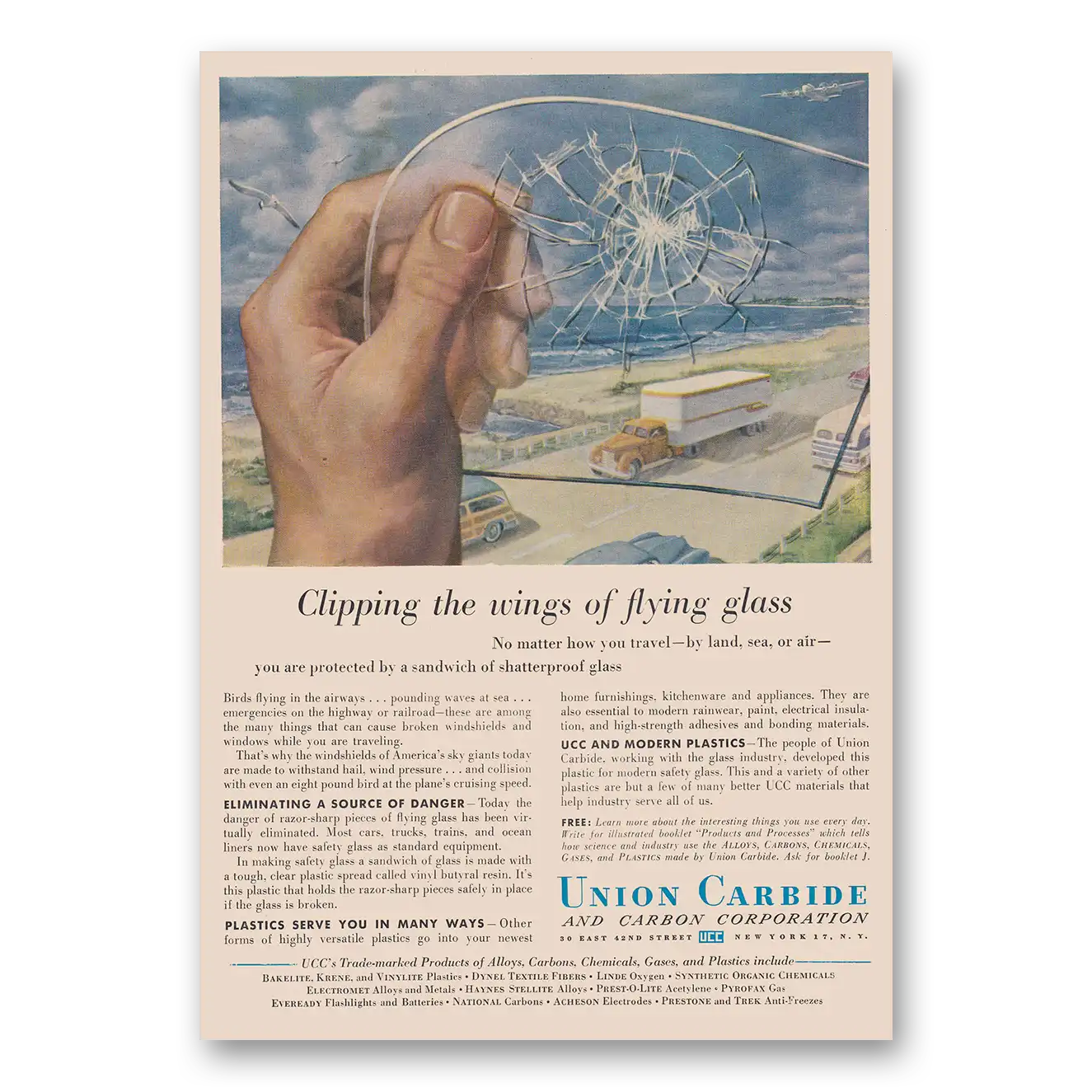 1952 Union Carbide Clipping the Wings of Flying Glass Vintage Magazine Print Ad