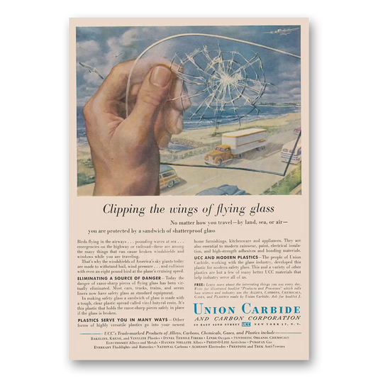 1952 Union Carbide Clipping the Wings of Flying Glass Vintage Magazine Print Ad