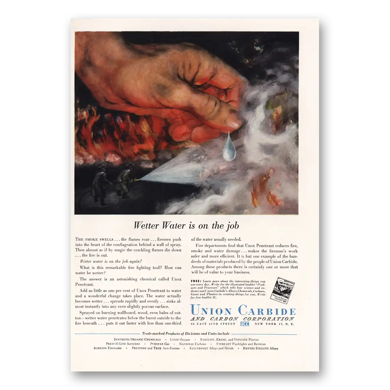 1952 Union Carbide Wetter Water Is On the Job Vintage Magazine Print Ad