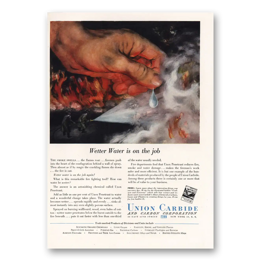 1952 Union Carbide Wetter Water Is On the Job Vintage Magazine Print Ad