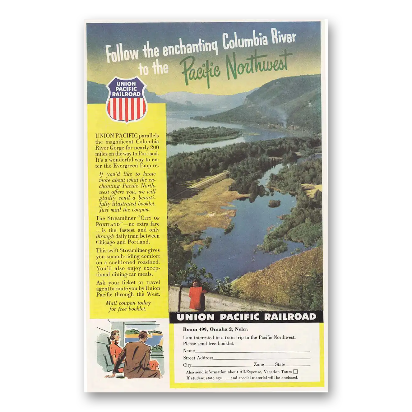 1952 Union Pacific Railroad Columbia River Vintage Magazine Print Ad