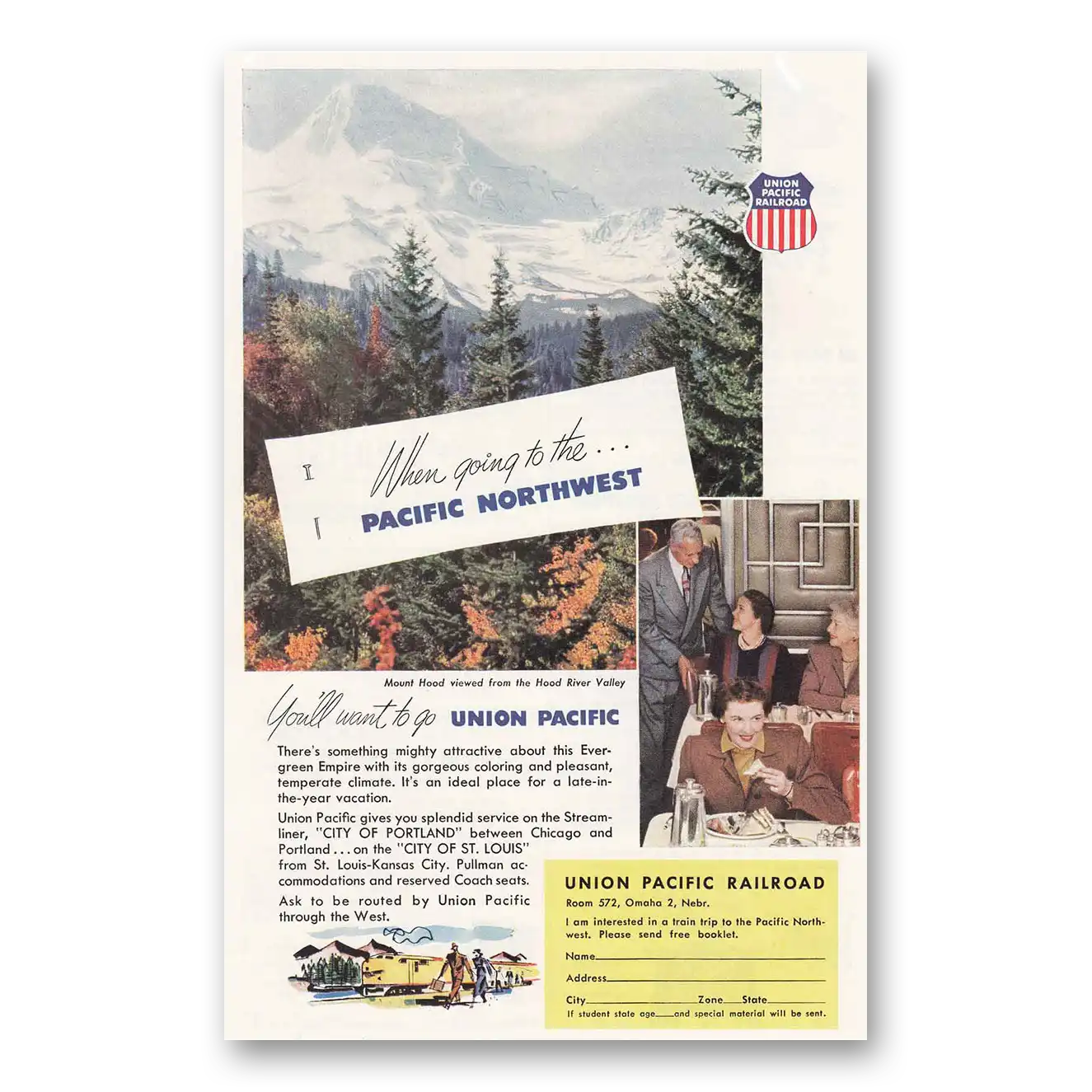 1952 Union Pacific Railroad Pacific Northwest Mount Hood Vintage Magazine Print Ad