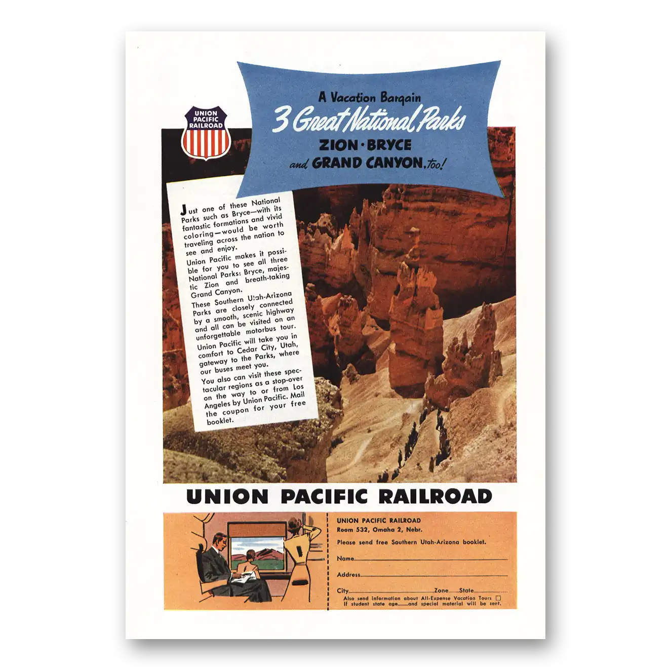 1952 Union Pacific Railroad Great National Parks Vintage Magazine Print Ad