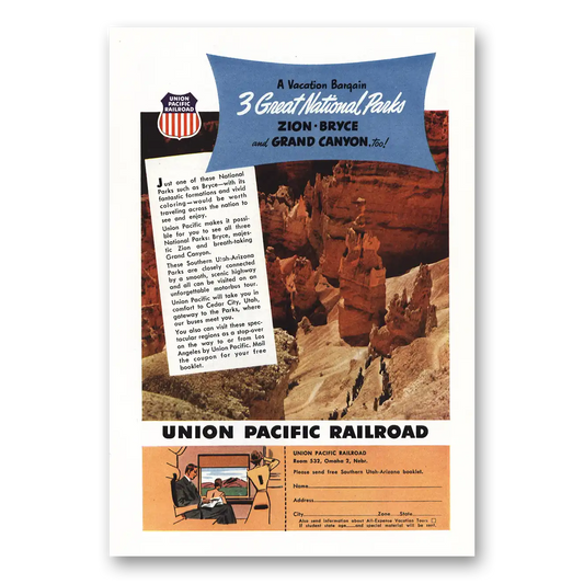 1952 Union Pacific Railroad Great National Parks Vintage Magazine Print Ad