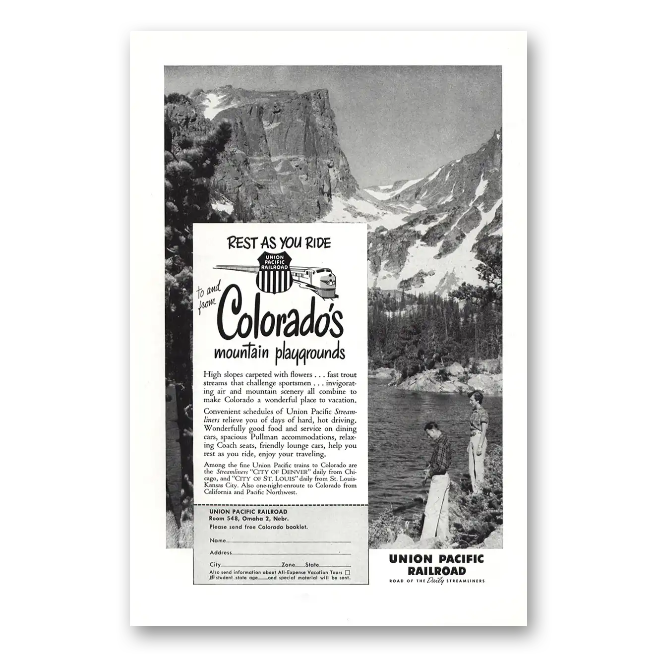 1952 Union Pacific Railroad Rest as You Ride Colorado Vintage Magazine Print Ad