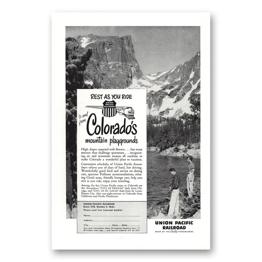 1952 Union Pacific Railroad Rest as You Ride Colorado Vintage Magazine Print Ad