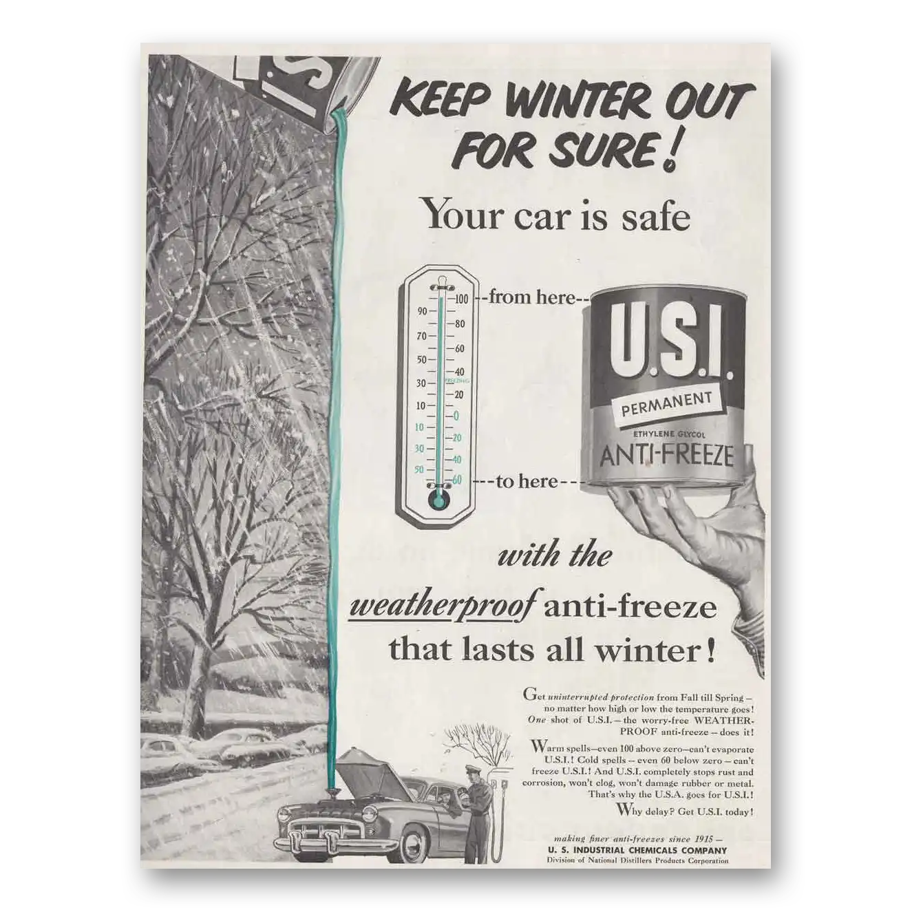 1952 USI Anti Freeze Keep Winter Out Vintage Magazine Print Ad